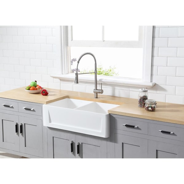 GKFA331810SQD Solid Surface Double Bowl Farmhouse Kitchen Sink, White